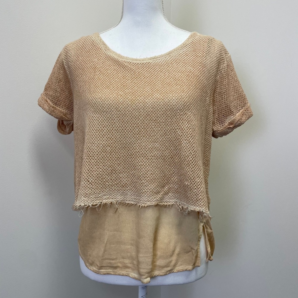 Gimmicks by BKE Tan Mesh Layered Crop Top Frayed Hem Boho S Fairy Grunge